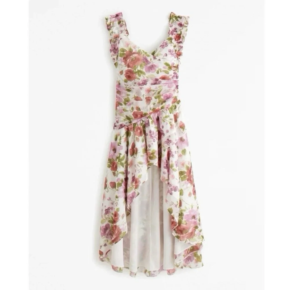 NWT $130 Abercrombie & Fitch Floral Ruffle Strap High-Low Maxi Chiffon Dress 2XL